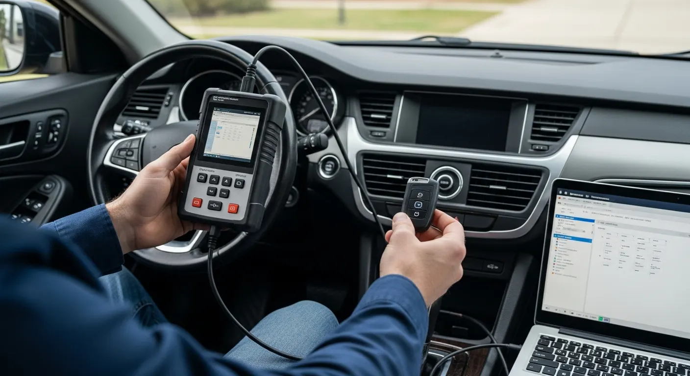 Locksmith technician programming a smart key fob to a late-model vehicle using a diagnostic tool plugged into the OBD-II port