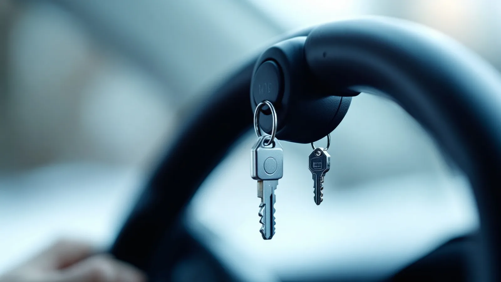 A driver's hands on a car steering wheel with the key in the ignition column at dusk