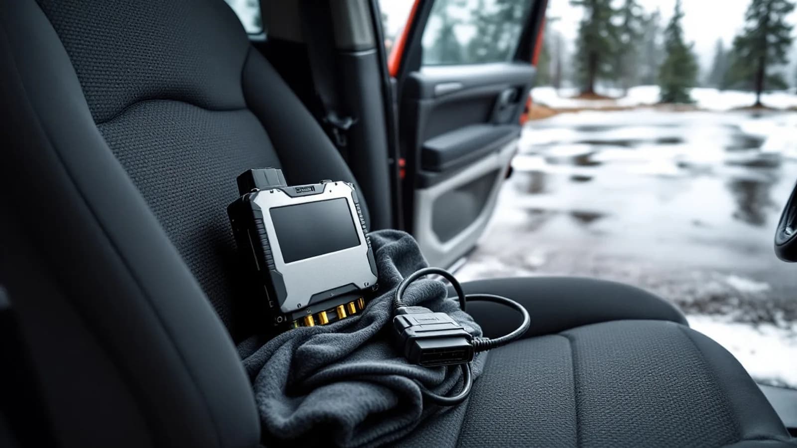 Diagnostic interface and OBD cable resting on the driver seat of an all-wheel-drive wagon at a wet trailhead parking lot