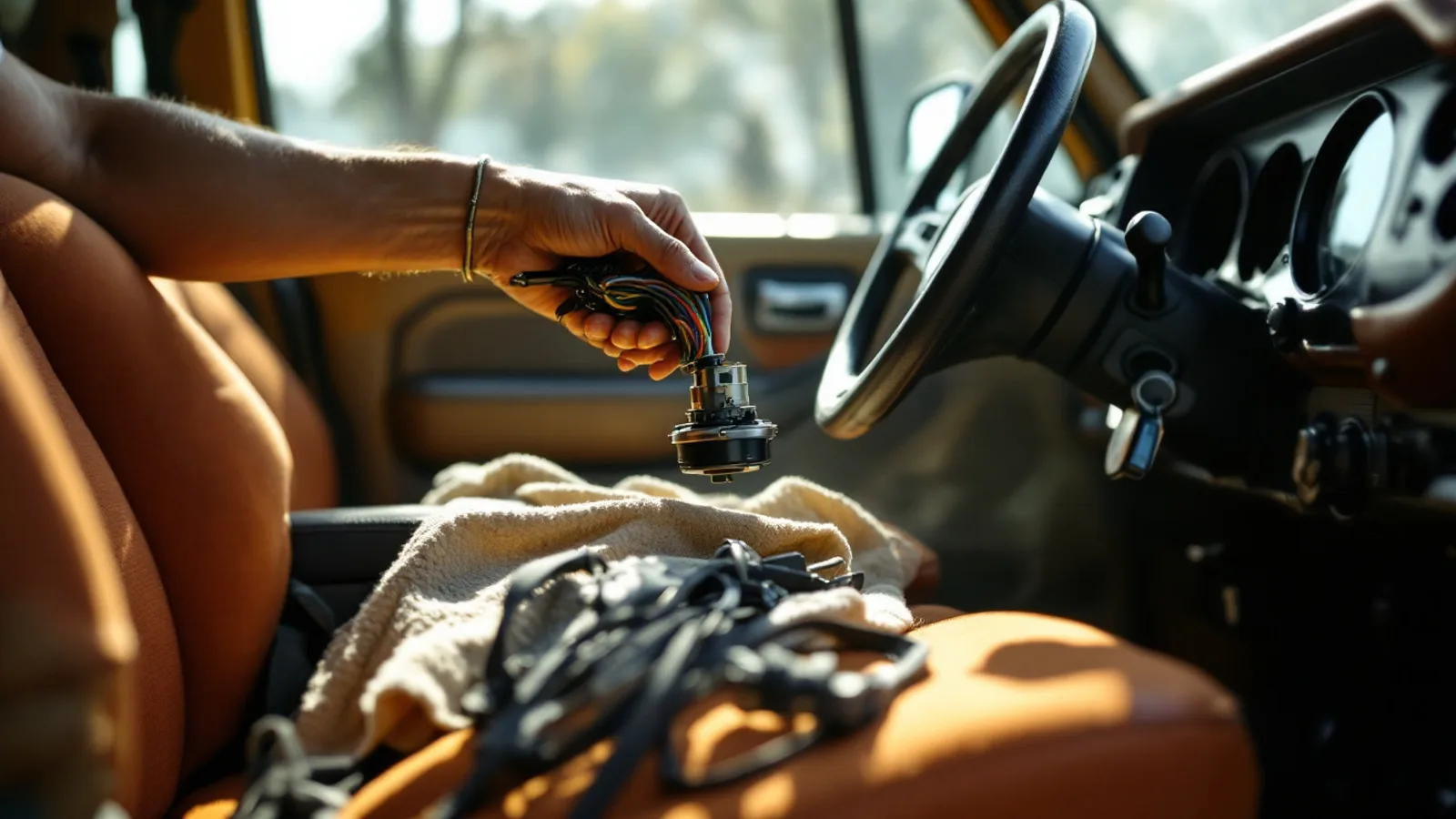Locksmith servicing a Subaru Outback ignition lock cylinder at the steering column in Dallas