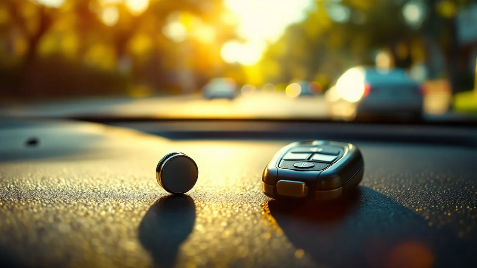Car key fob resting on a sun-baked dashboard inside a hot vehicle during a Dallas Texas summer afternoon