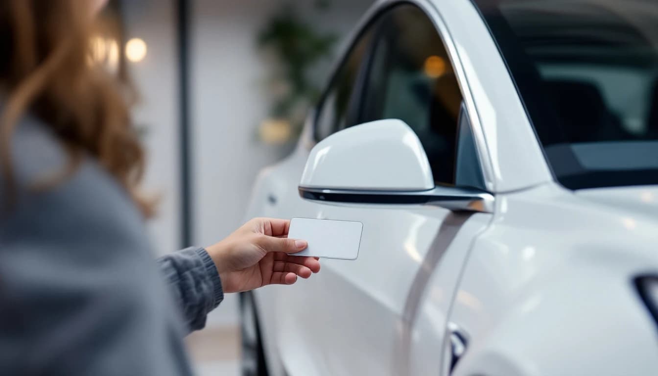 Tesla key card held to the door pillar of a Model 3
