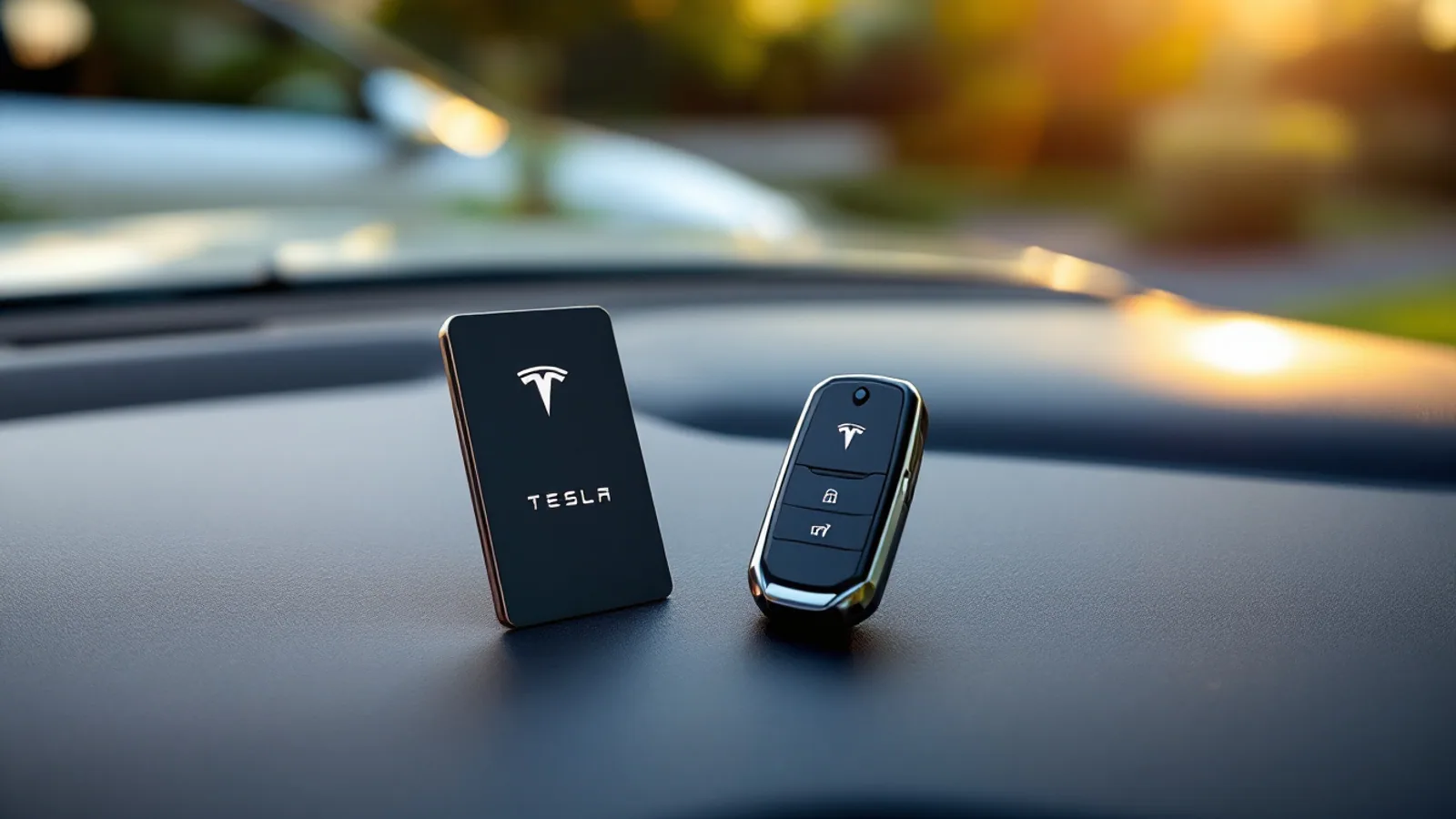 Mobile locksmith programming a Tesla key fob beside a Tesla Model Y in a Frisco driveway