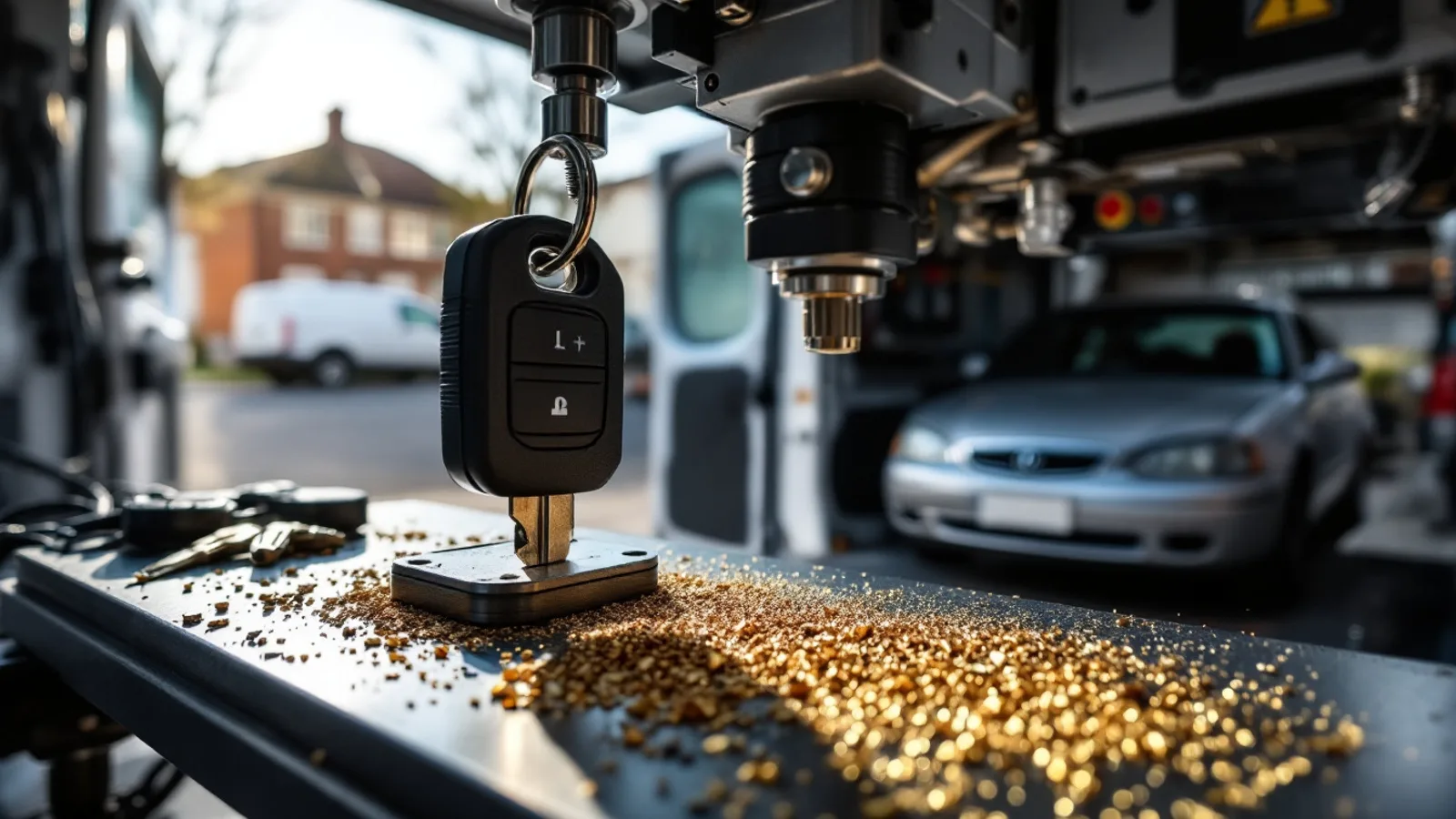 A blank transponder key clamped in a key-cutting machine with brass shavings on the bench inside a mobile locksmith van