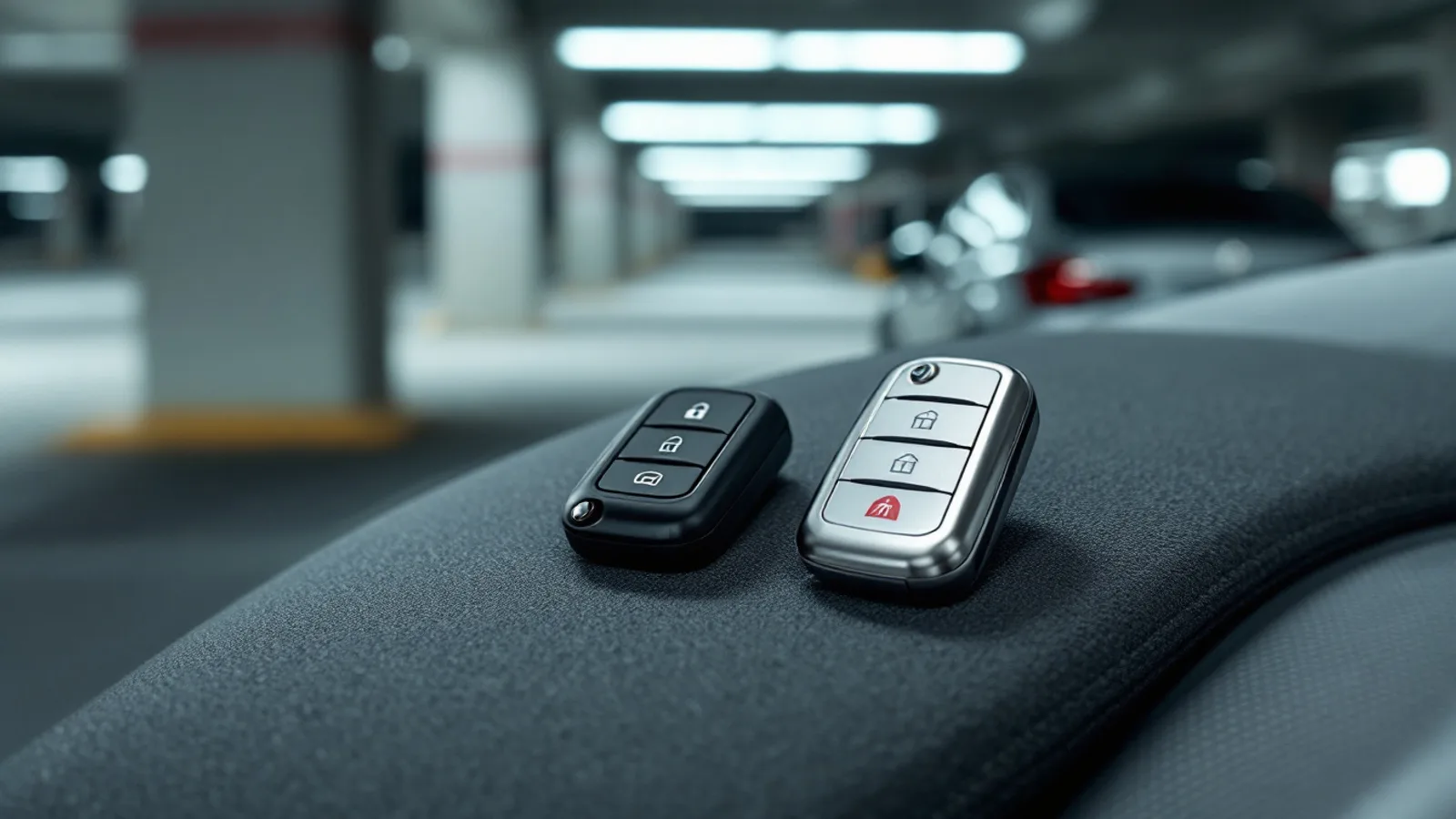 Two unmarked push-to-start smart key fobs, one black and one silver, on the center console of a mid-size sedan parked in a Dallas apartment garage at midday