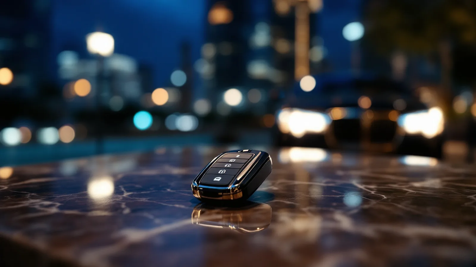 Luxury sedan waiting at a Dallas hotel valet stand during an on-site key replacement