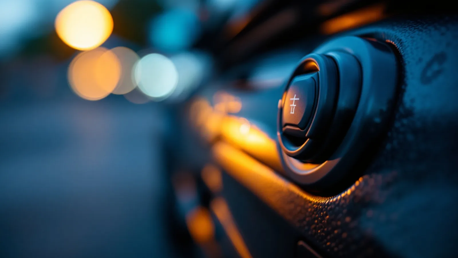 Macro view of a round ignition control on a dark dashboard at dusk with amber and blue lights blurred in the background