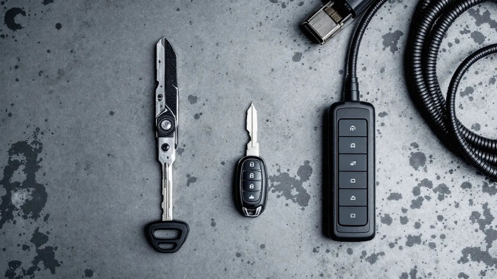 Three generations of Volkswagen keys laid out on a workshop bench beside a diagnostic interface at a Dallas mobile locksmith service bay