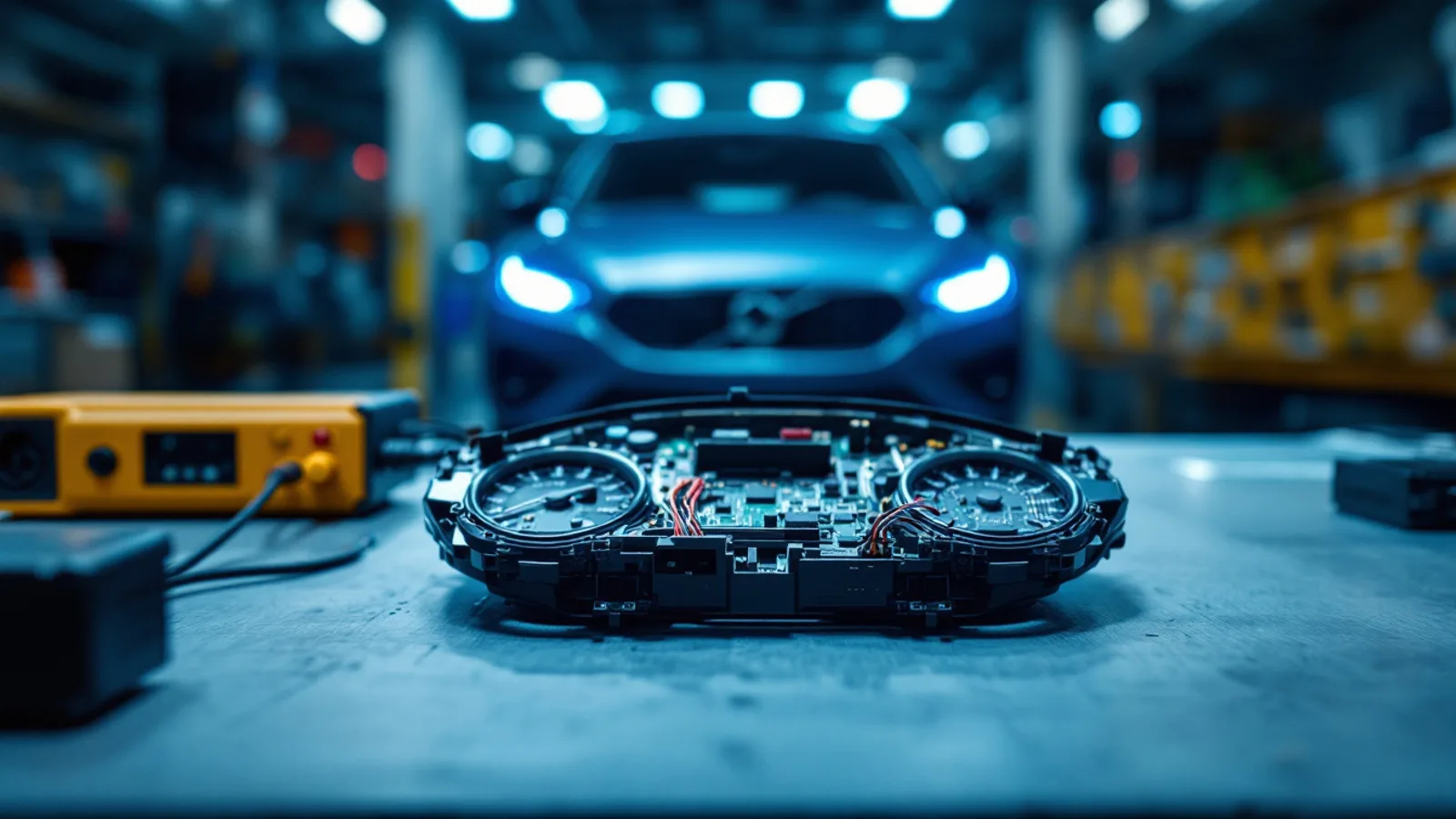 Technician performing MQB immobilizer programming on a Volkswagen Golf with the instrument cluster accessed in Dallas