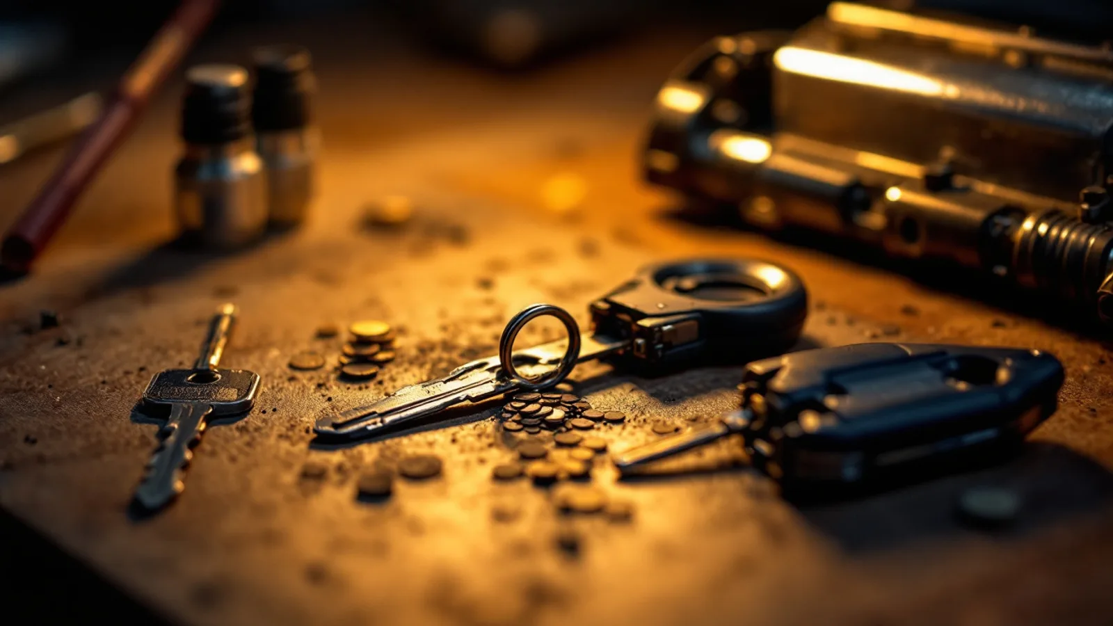 A worn blade key and a VW switchblade flip key on a workbench beside brass wafers and a removed ignition lock assembly
