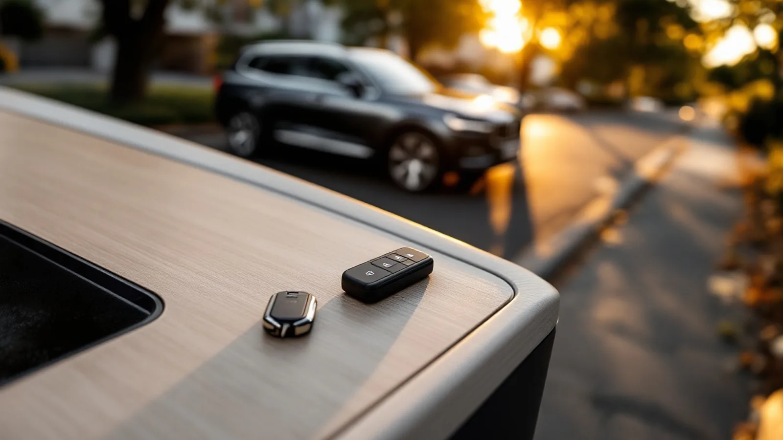A Scandinavian luxury SUV parked on a tree-lined residential street at golden hour while a technician works at the driver's door