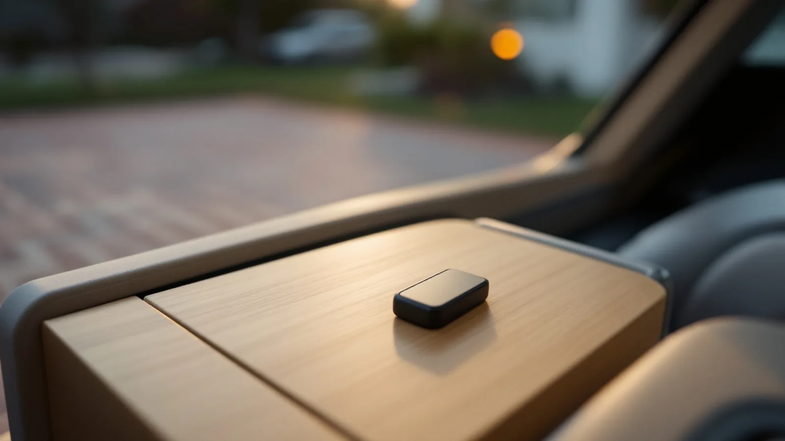 Unmarked slim rectangular proximity key fob in matte black lying on the open wooden center console of a Scandinavian luxury wagon parked in a Dallas driveway at dawn