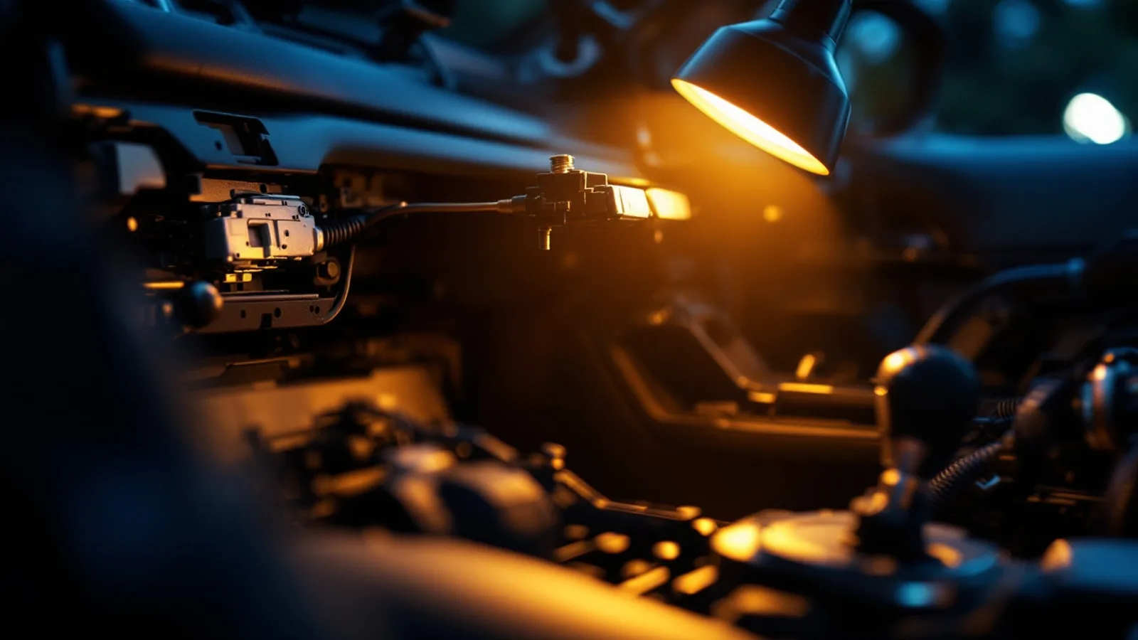 Technician with a diagnostic laptop at the steering column of a German sports sedan for electronic steering lock repair in Dallas