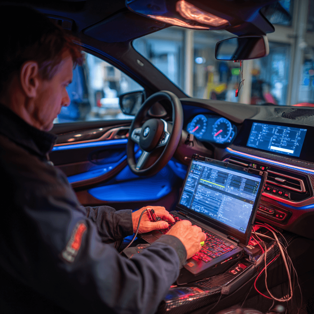 Technician using ISTA inside BMW for FEM CAS FRM module programming in Dallas