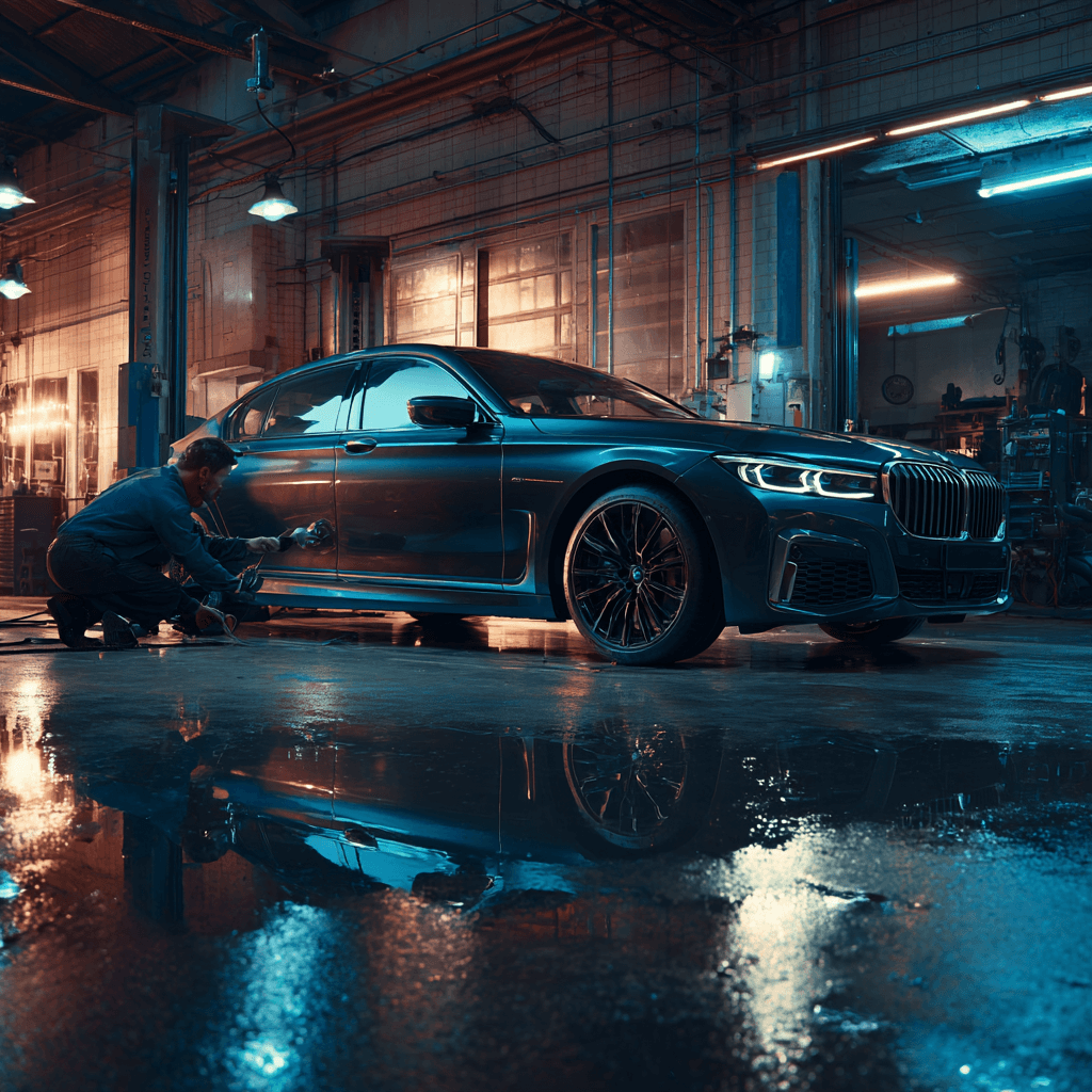 BMW luxury sedan in a professional garage with technician performing key programming in Dallas