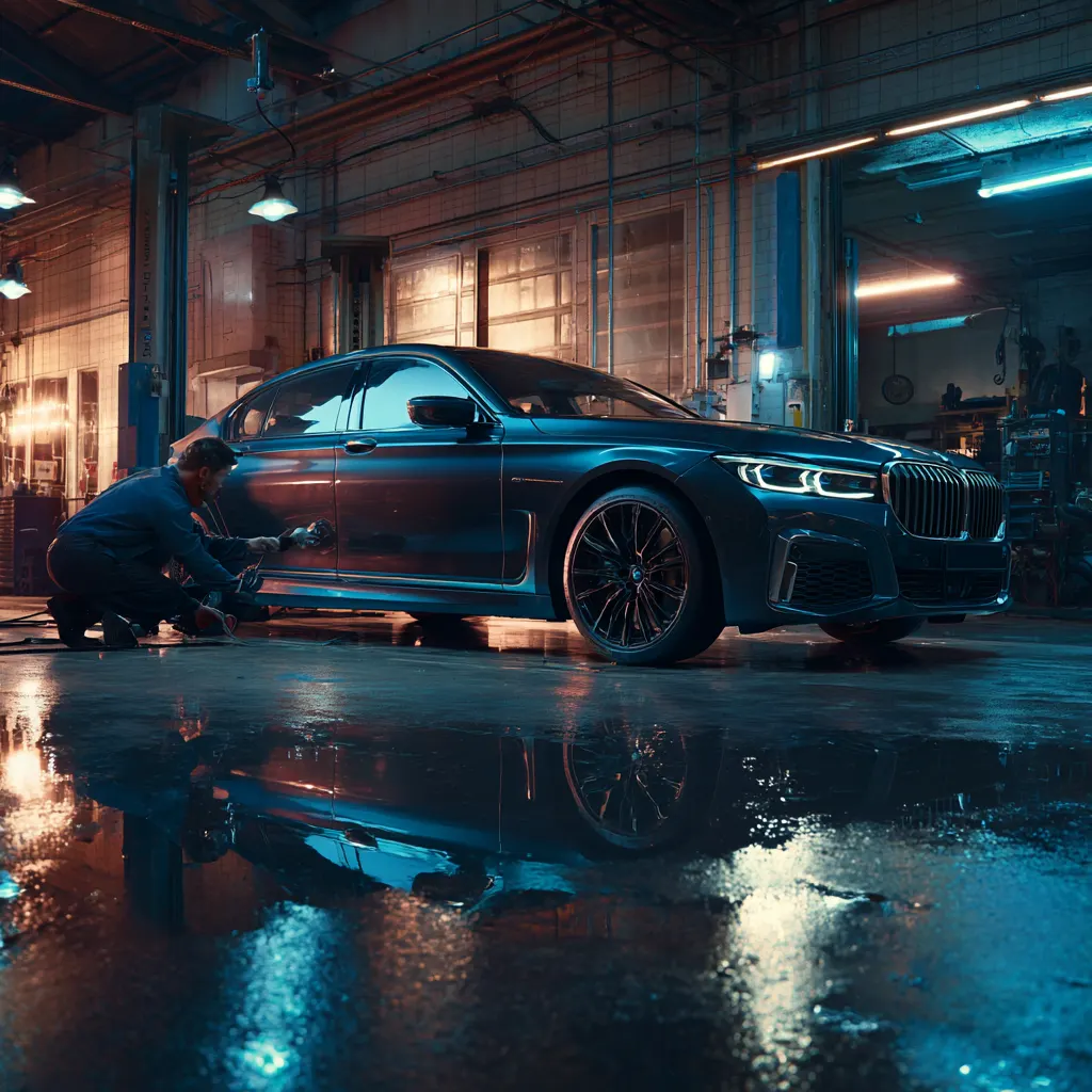 BMW luxury sedan in a professional garage with technician performing key programming in Dallas