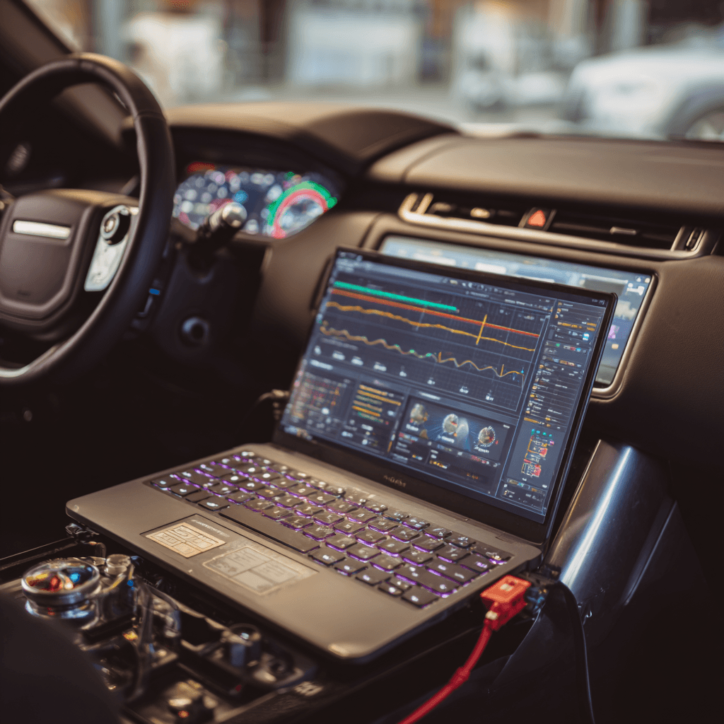 Laptop connected to OBD port for ECU module programming and diagnostics in Dallas