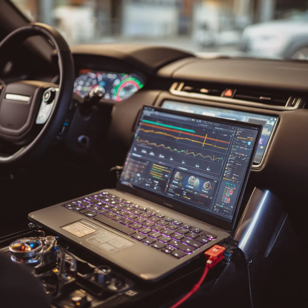 Laptop connected to OBD port for ECU module programming and diagnostics in Dallas