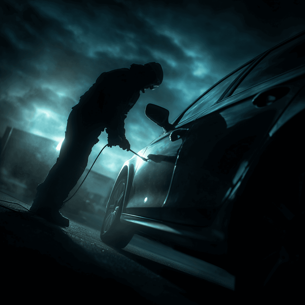 Emergency locksmith opening a locked car door at night in Dallas TX with professional tools
