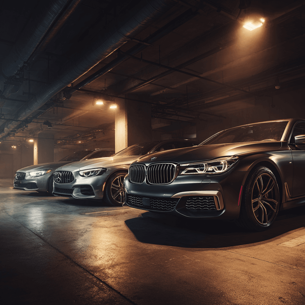 BMW Mercedes and Audi luxury cars parked side by side in a Dallas automotive locksmith garage