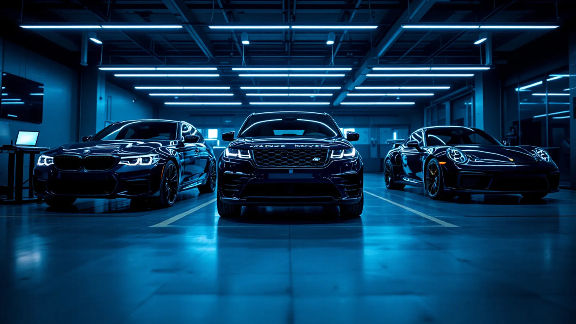 BMW, Range Rover and Porsche in a Dallas service bay — European luxury car key programming and module specialists
