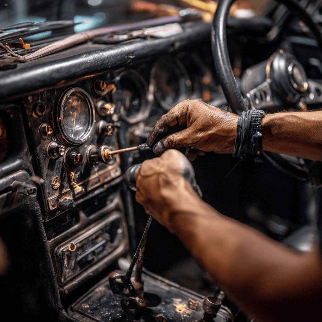 Automotive locksmith hands repairing an exposed steering column and ignition cylinder in Dallas