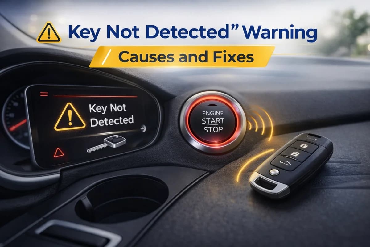 Key Not Detected warning on car dashboard with push-to-start button — common symptom we fix in Dallas
