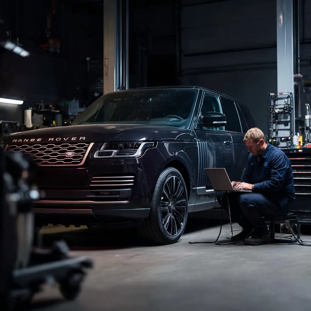 Range Rover luxury SUV in a dark garage with technician performing KVM programming in Dallas