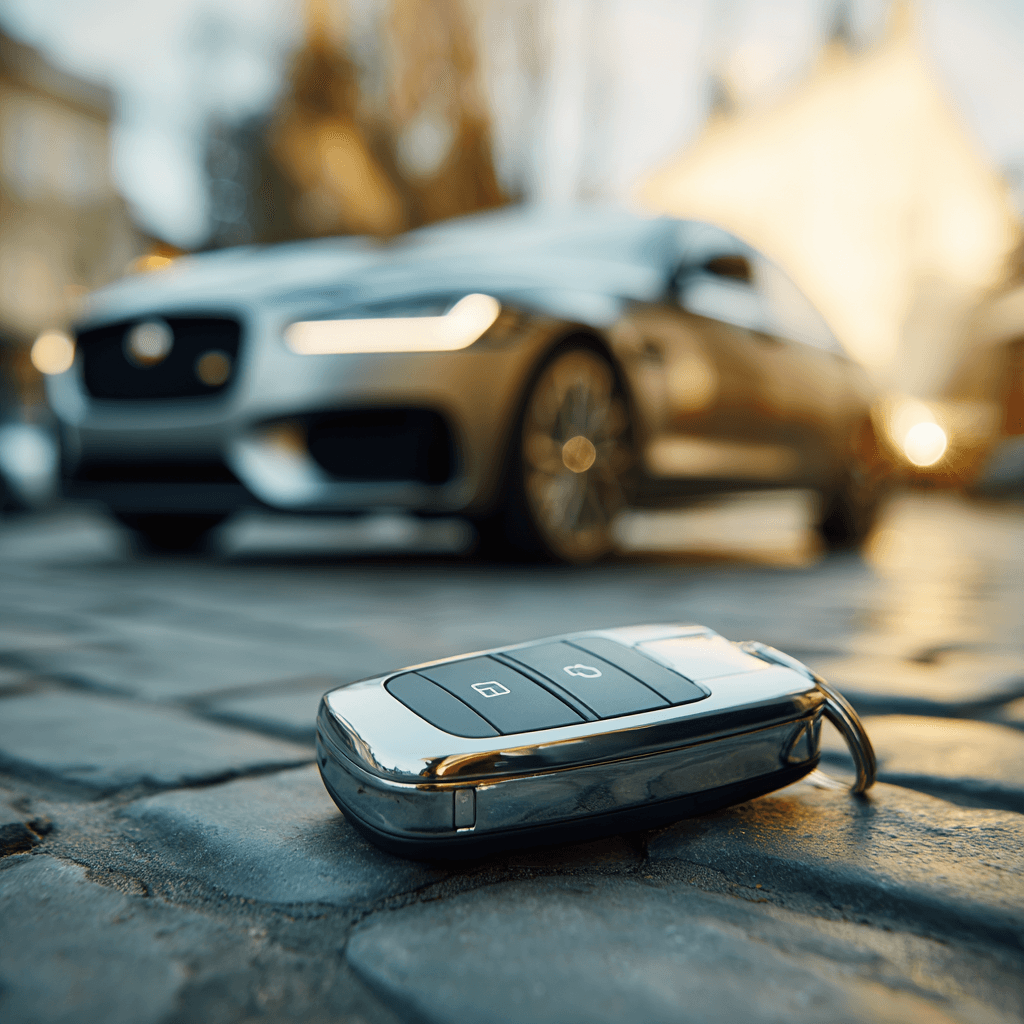 Close-up of a modern smart key fob on the ground with a car in the background representing lost car keys in Dallas