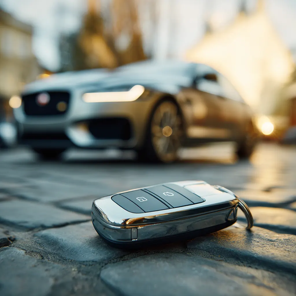 Close-up of a modern smart key fob on the ground representing lost car keys in Dallas