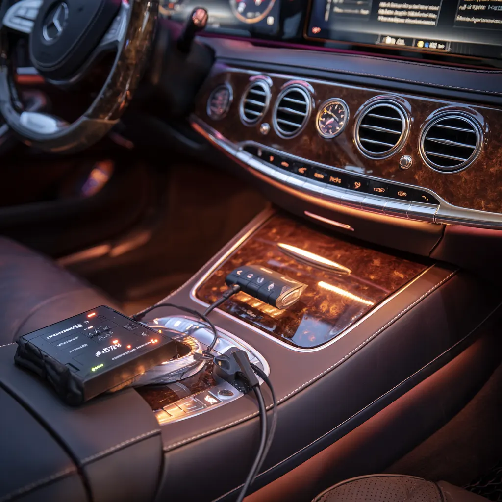 Mercedes-Benz interior with diagnostic tool for no key detected immobilizer repair in Dallas