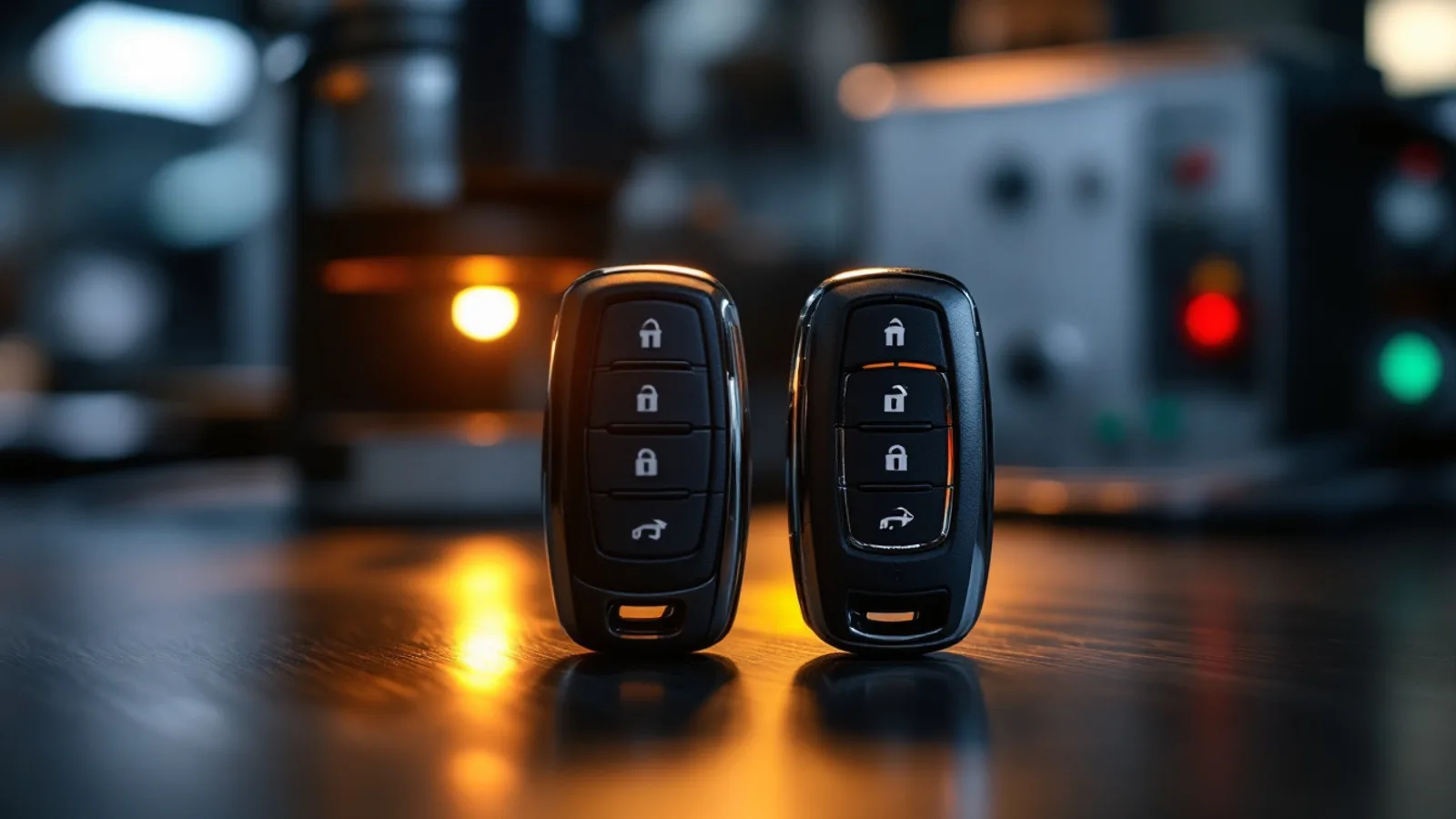 Two matching car keys with a technician cutting a spare blade beside a vehicle in Dallas