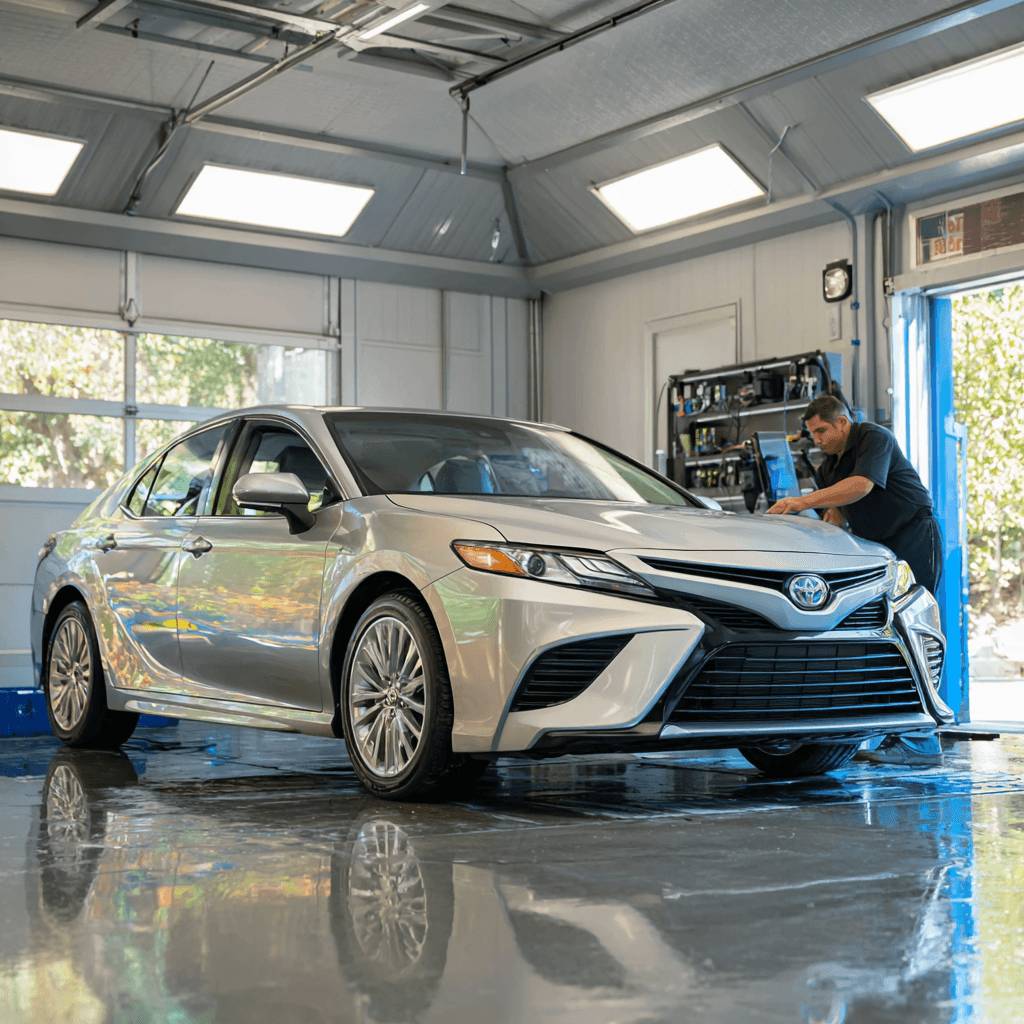 Toyota Camry in a garage with locksmith performing car key replacement in Dallas